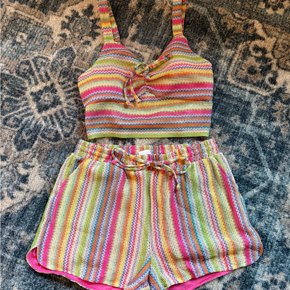 Two Piece Boho Striped Crochet Top and Shorts Set